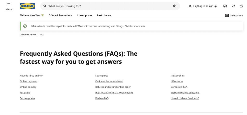 IKEA's FAQ page is designed to address user queries